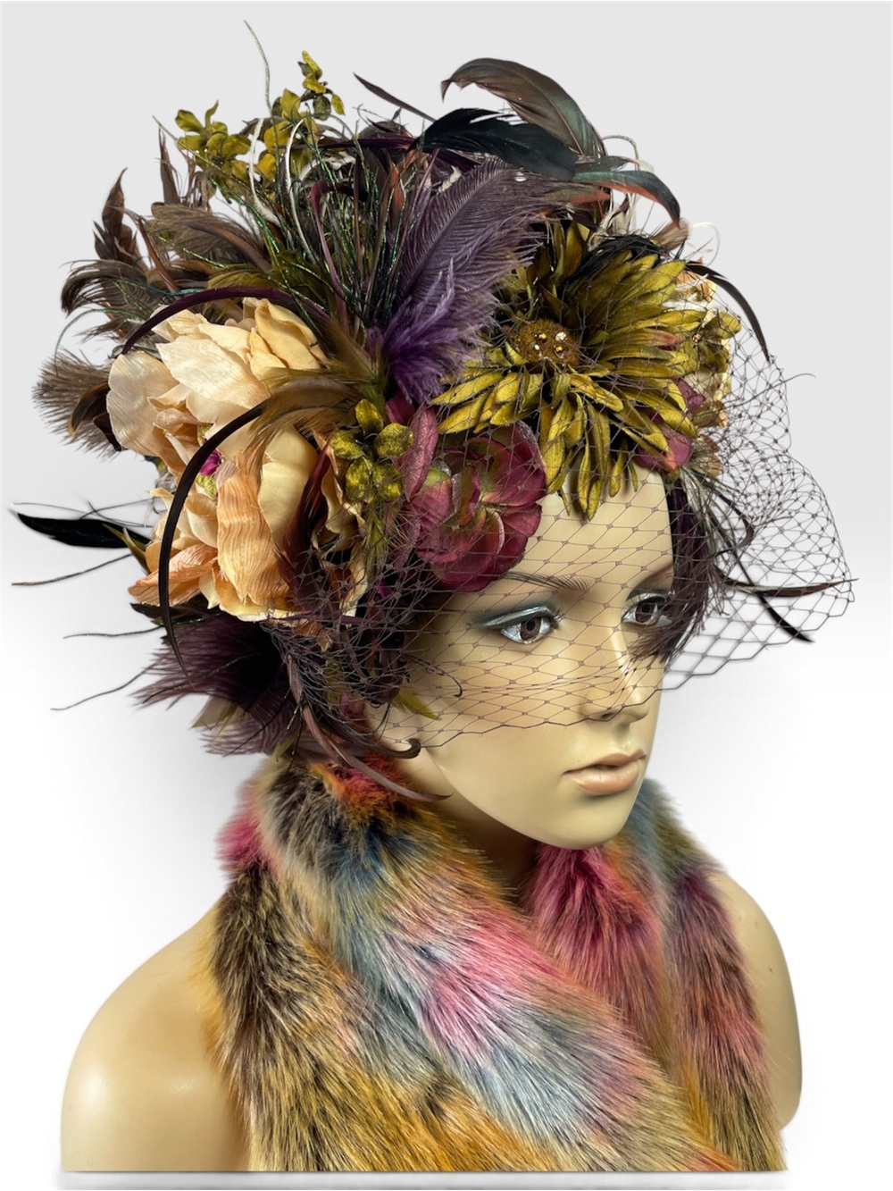 One of a kind, handmade Floral Feather Fascinator Hat with Veil - Multicolor